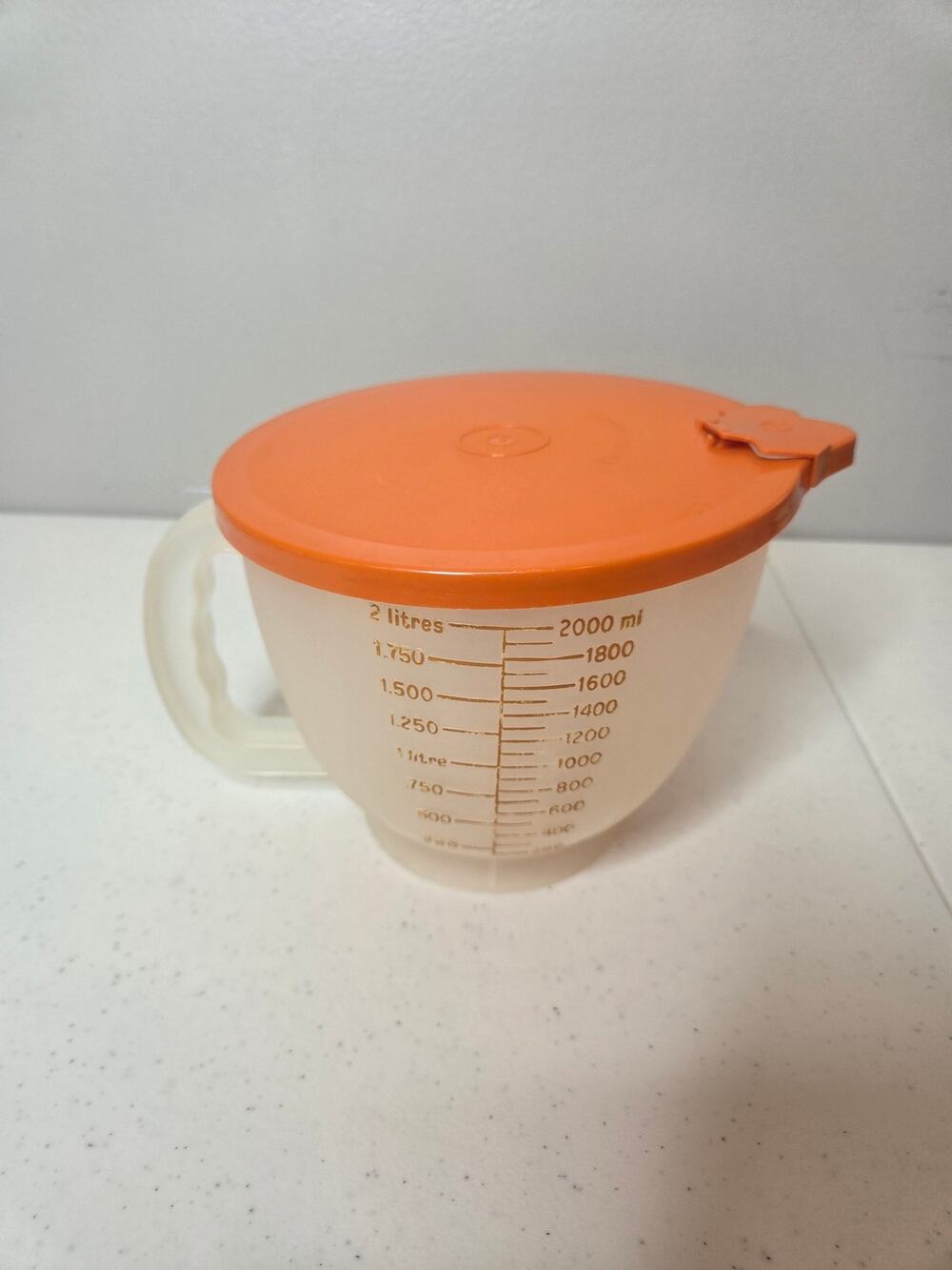 Vintage Tupperware Clear Mix-n-Store 8 Cup Measuring Bowl 500-7 with Orange Lid